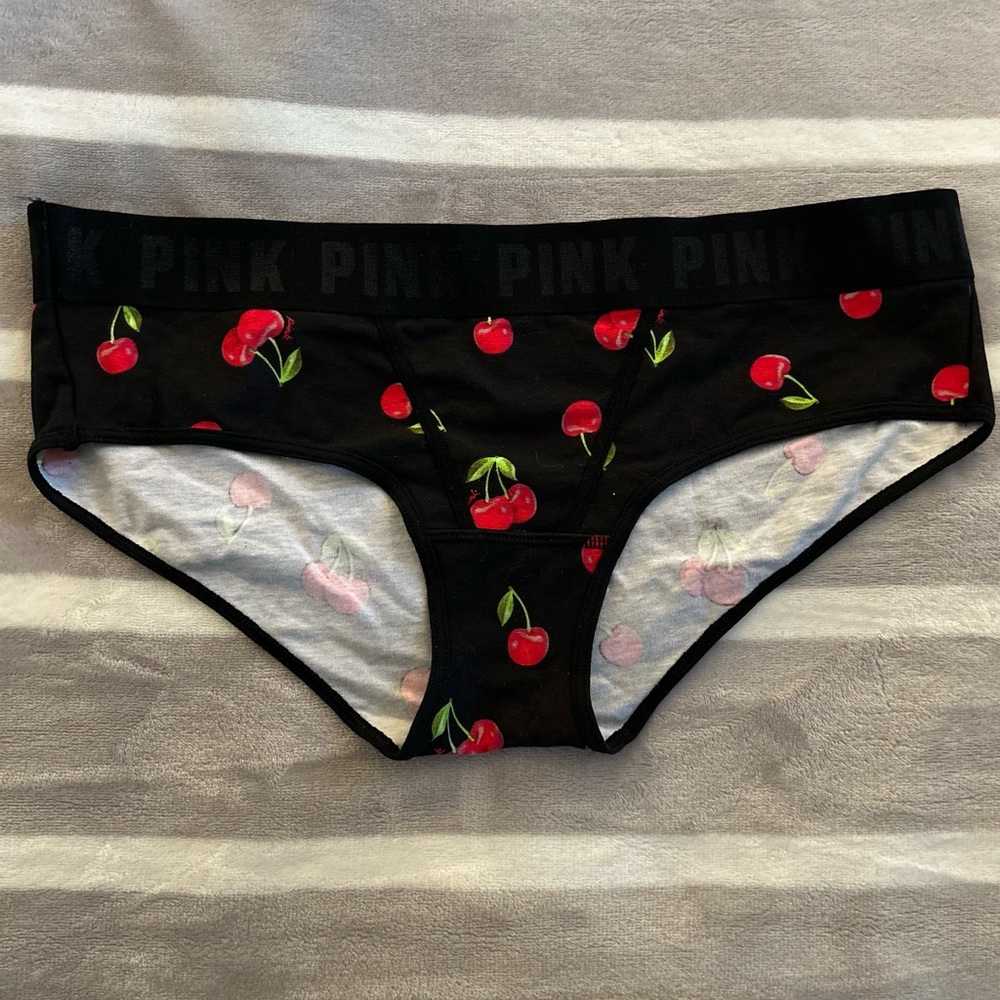 PINK Victoria's Secret Black and Red Cherry Print Bottoms
